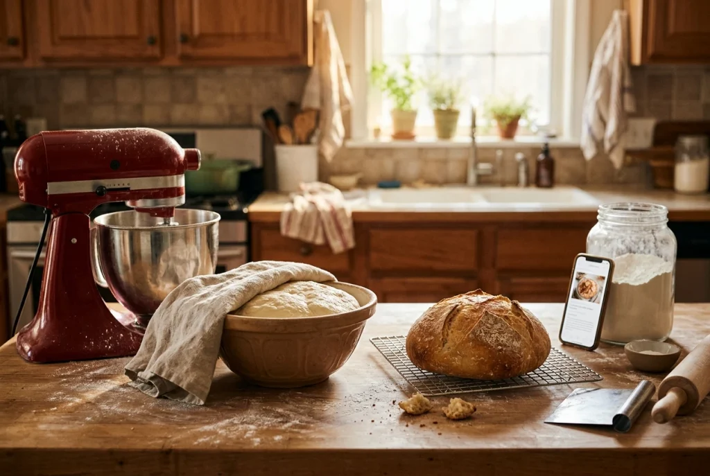 A warm home kitchen in soft morning light: a red stand mixer on a flour-dusted wooden counter beside a bowl of risen bread dough and a loaf cooling on a rack, with a phone leaning ag
