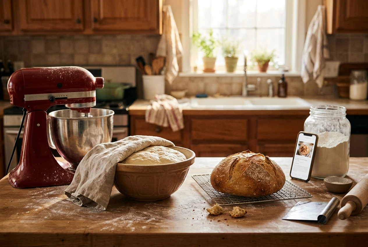 A warm home kitchen in soft morning light: a red stand mixer on a flour-dusted wooden counter beside a bowl of risen bread dough and a loaf cooling on a rack, with a phone leaning against a jar of flour.