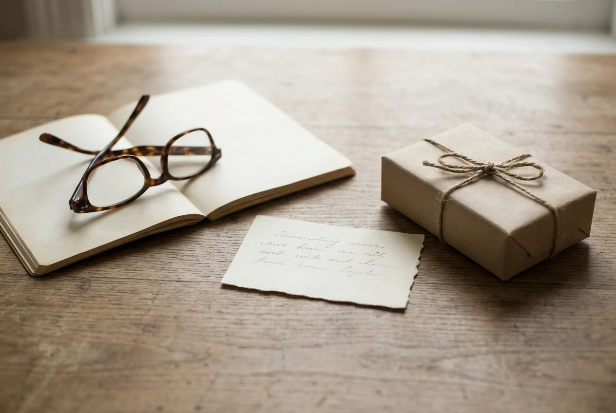 Three simple objects arranged on a table to stand for three parties: a handwritten recommendation card, a small wrapped product box, and a pair of reading glasses resting on an open notebook, with money-free neutral tones and soft daylight.