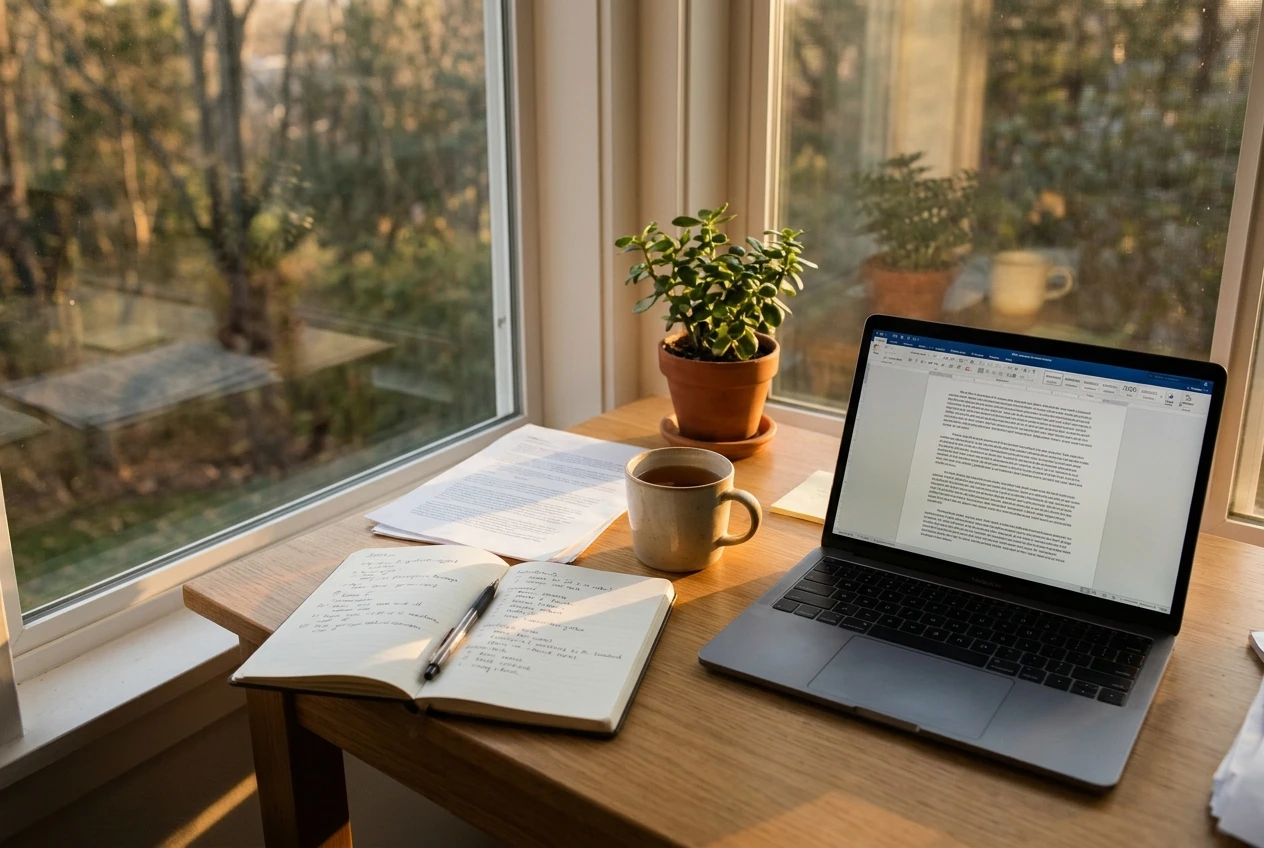 A tidy desk by a window in late afternoon: an open notebook with handwritten question lists and a mug of tea, a laptop showing a half-written page of plain prose, and a small potted plant, in calm warm colours.