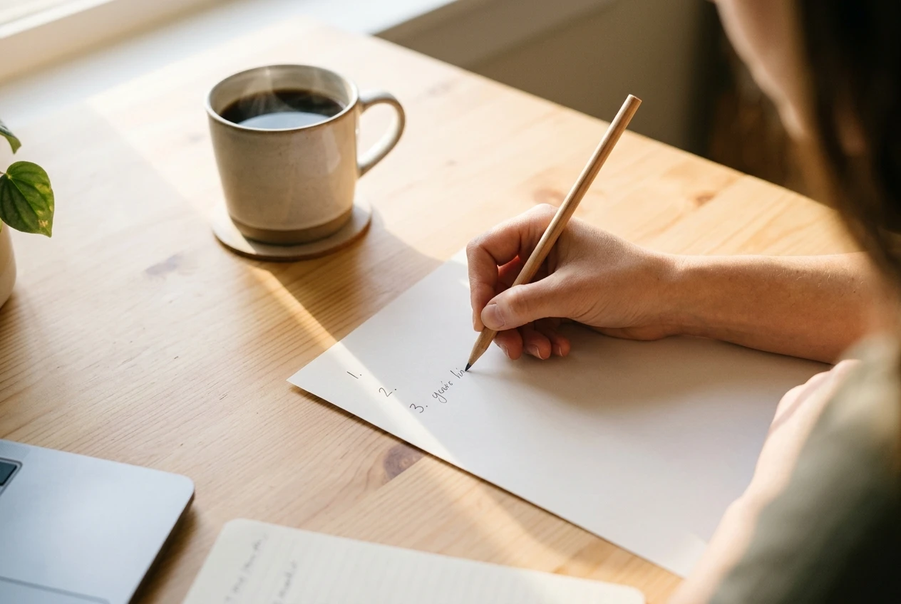 A hand writing three numbered questions with a pencil on a clean sheet of paper beside a cup of coffee on a bright wooden table, early morning light, a sense of a quiet fresh start.