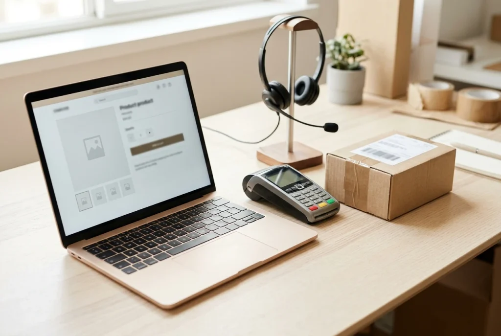 A tidy desk-side view of a company's side of a sale: a laptop showing a clean product page layout without readable text, a card payment terminal beside it, a small sealed parcel