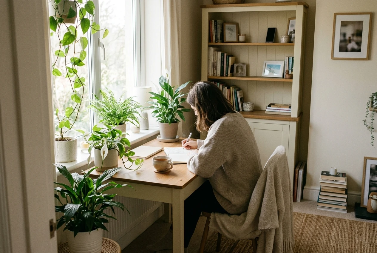 A relaxed home workspace seen from across the room: a person sitting by a window with a notebook and cup of tea, a phone face-down and out of reach on a shelf behind them, morning light, calm green plant and soft cream colours conveying no-pressure, no-phone-calls work.