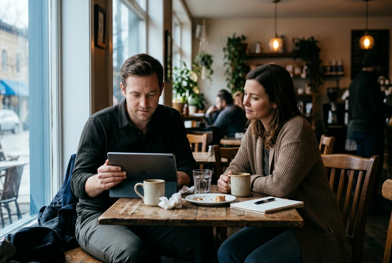 Two people sitting side by side at a café table, one reading something on a tablet with a thoughtful, unhurried expression while the other watches with a coffee, soft window light and muted blue and amber tones, suggesting a reader deciding at their own pace.