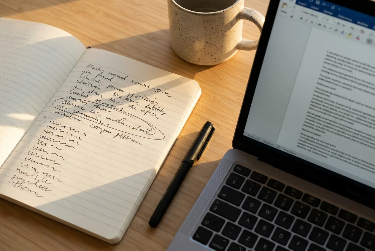 A close overhead view of a beginner's writing session: an open notebook with a handwritten list of reader questions with one circled (illegible scribble only), a laptop with a half-written article page, a pen and a mug on a light desk, with warm afternoon sunlight raking across.