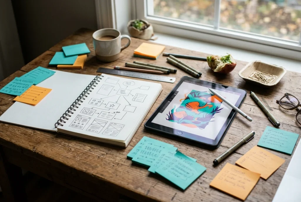 A creator's wooden desk by a window in soft morning light, with a sketchbook of rough content ideas, a tablet showing a half-finished colourful illustration, and scattered sti