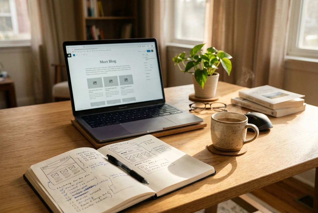 A tidy home-office desk with an open notebook of handwritten website plans, a laptop displaying a simple blog layout, and a mug of coffee, lit by warm afternoon sun, evoking learning and building a first affiliate website.