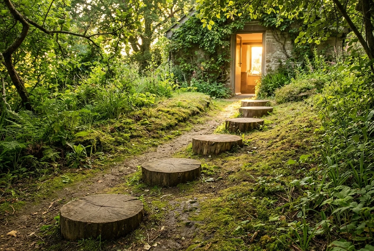 Five wooden stepping stones curving across a calm green garden path toward a small glowing sunlit open doorway, each stone slightly higher than the last, symbolising a step-by-step workflow from planning to publishing.