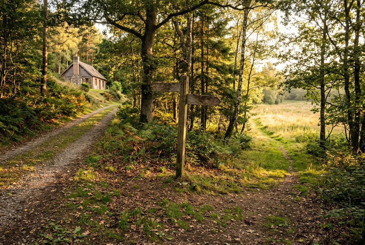 A fork in a quiet woodland trail at golden hour, with two clearly different paths: one a well-worn gravel track leading to a hillside cottage, the other a grassy path winding toward a bright meadow, with a wooden signpost with blank arms between them.