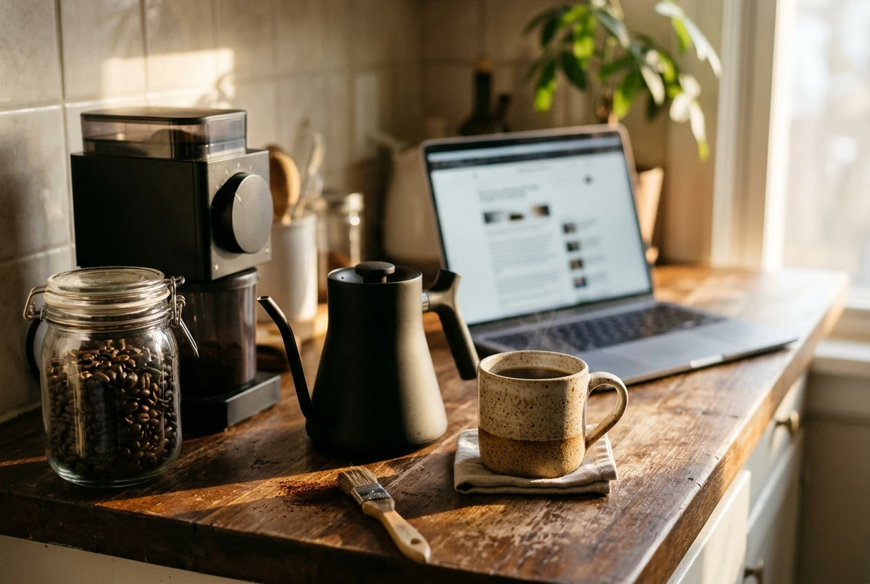 A home coffee corner in warm morning light: a matte black burr grinder beside a glass jar of dark roasted beans, a pour-over kettle and a ceramic mug on a worn wooden counter, with a laptop open to a blurred article in the background.