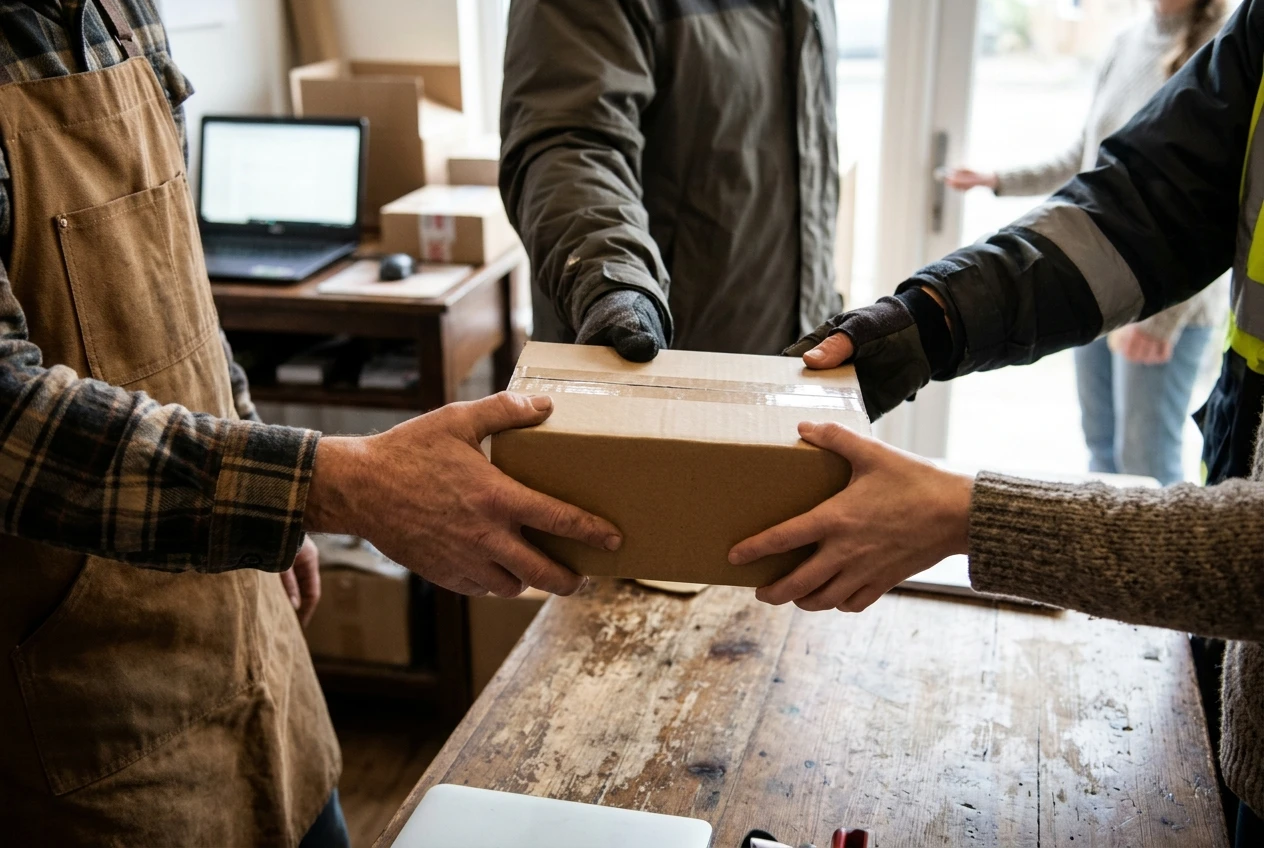 Four distinct hands exchanging a small parcel in a relay across a table: a boxed coffee grinder passes from a warehouse worker in a canvas apron to a courier, then to a customer at a front door, while a laptop on a side desk glows softly. Warm neutral tones, soft daylight.