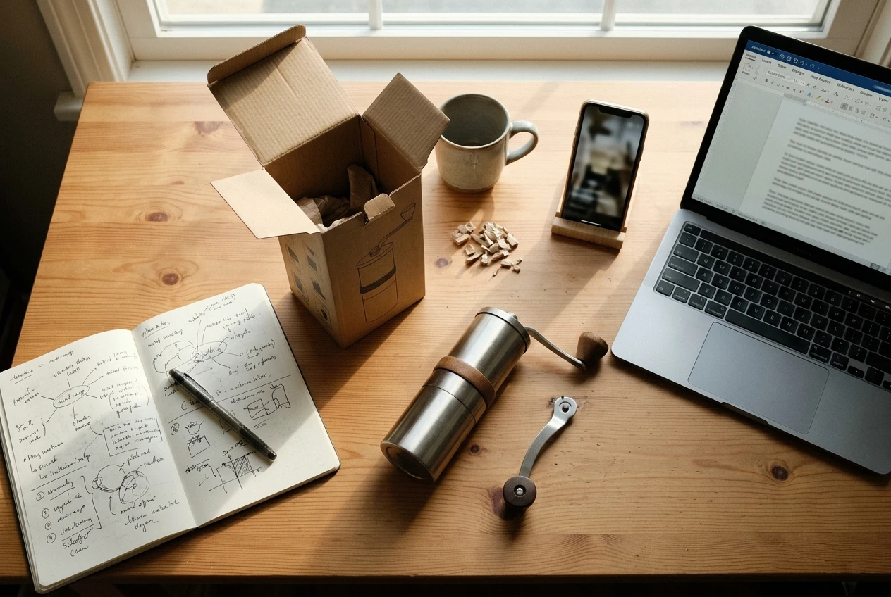 An overhead view of a tidy desk mid-project: a notebook with handwritten topic ideas, a coffee grinder box opened for hands-on review, a pen, a phone propped up for photos, and a laptop showing a half-written draft, lit by a window on a calm afternoon.