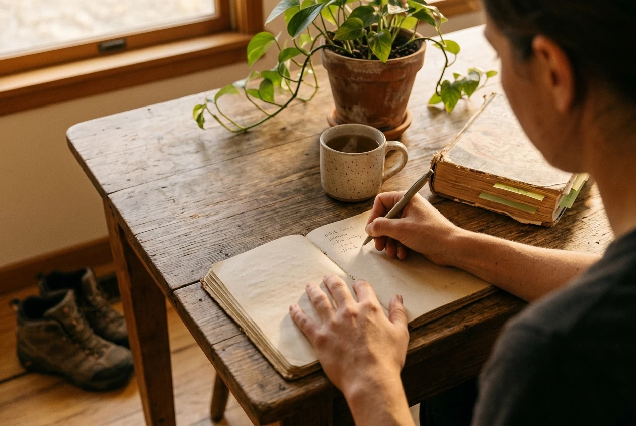A person's hands at a kitchen table writing a short list in a notebook, surrounded by things that hint at personal interests: a hiking boot, a well-thumbed cookbook, a houseplant, and a mug of tea, in soft golden evening light.