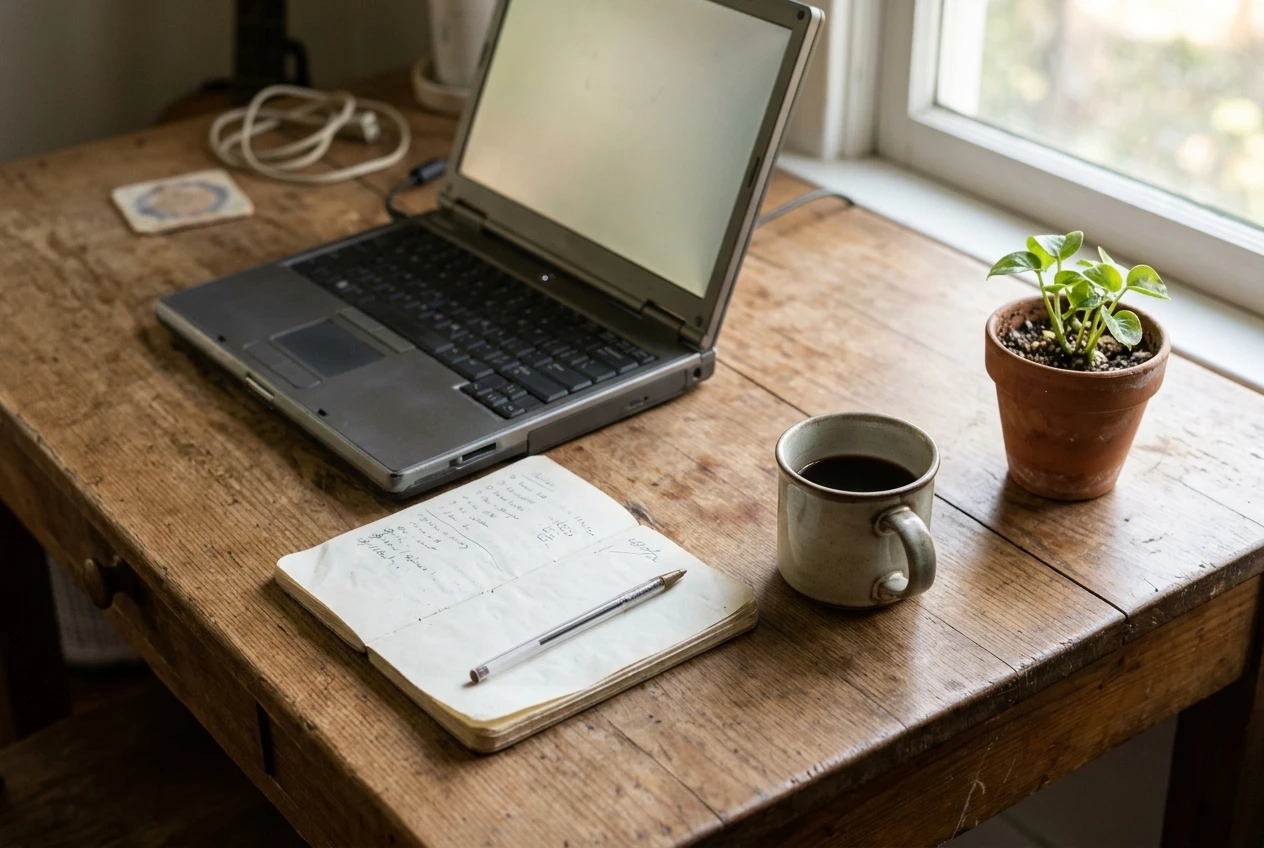 A bare wooden desk by a window in soft morning light with an older laptop, a notebook with a handwritten list, a mug of coffee and a small potted plant, showing a beginner's setup that already exists at home. Warm neutral tones, nothing new or expensive in sight.
