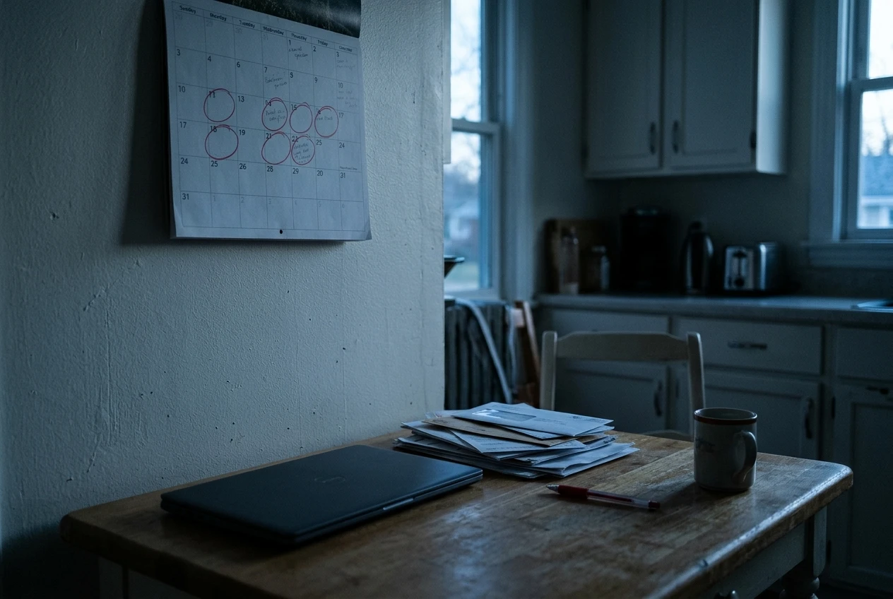 A paper wall calendar on a kitchen wall with several dates circled in red pen, a lone laptop and a stack of unopened envelopes on the table below it, in cool grey evening light, conveying fixed repayment dates pressing on a project with no income yet.