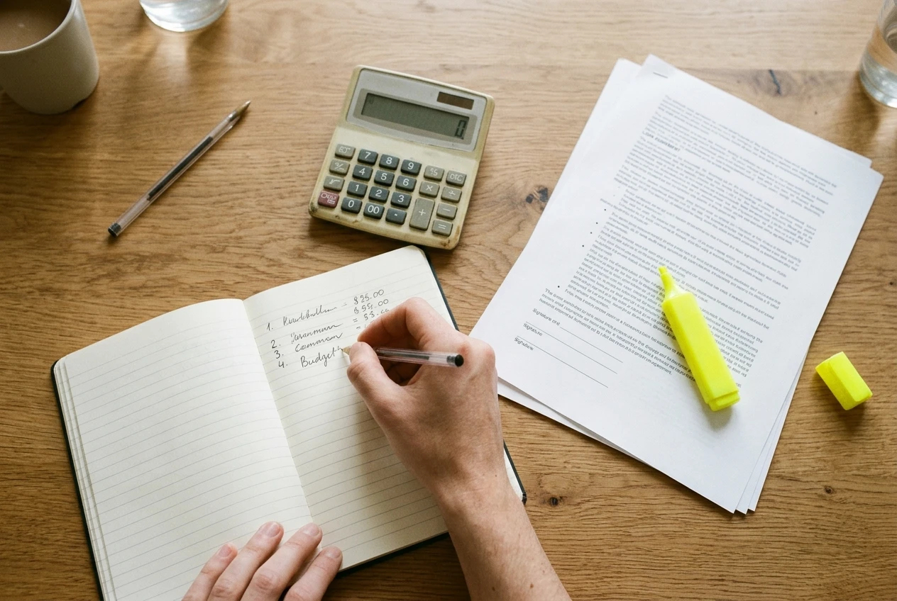 Overhead view of a hand writing a numbered list in a notebook beside a basic calculator, a pen and a loan agreement with a highlighter resting across the fine print, on a clean table in daylight, suggesting slowing down to check the full cost before signing.